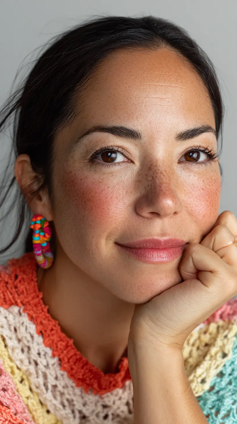 An Asian woman poses in a close-up beauty portrait