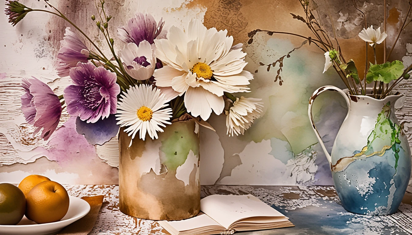 Zeitgenössisches Impasto-Stillleben mit Blumen und Erinnerungsstücken