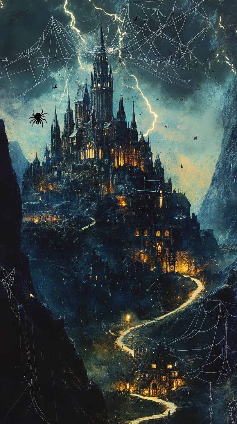 Um castelo gótico brilha sobre montanhas tempestuosas numa pintura dramática