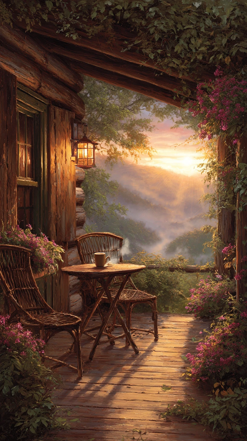 Rustic cabin porch with coffee, woven chairs, and pink flowers