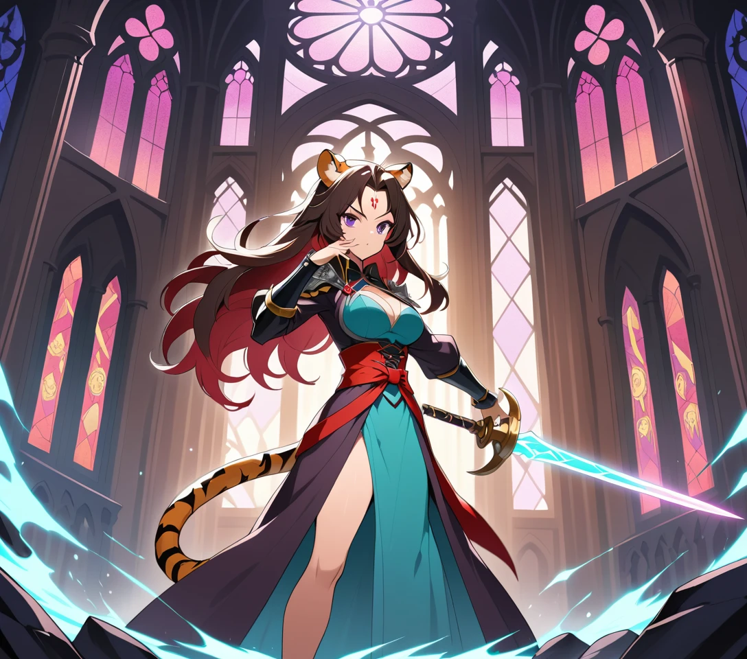 An anime tiger woman wields a rune lit rapier in combat