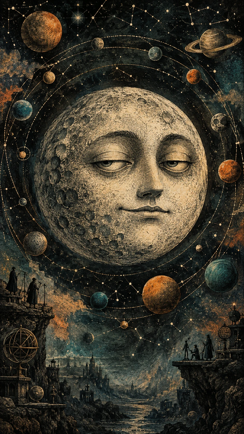 Une lune anthropomorphe impassible flotte parmi des planètes miniatures dans l'obscurité