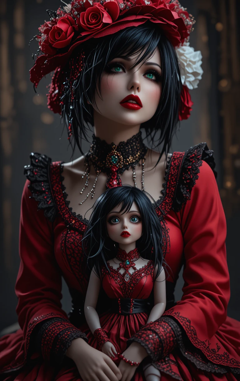 Eine unheimliche Frau lacht in einem antik anmutenden Outfit mit ihrer Puppen-Doppelgängerin