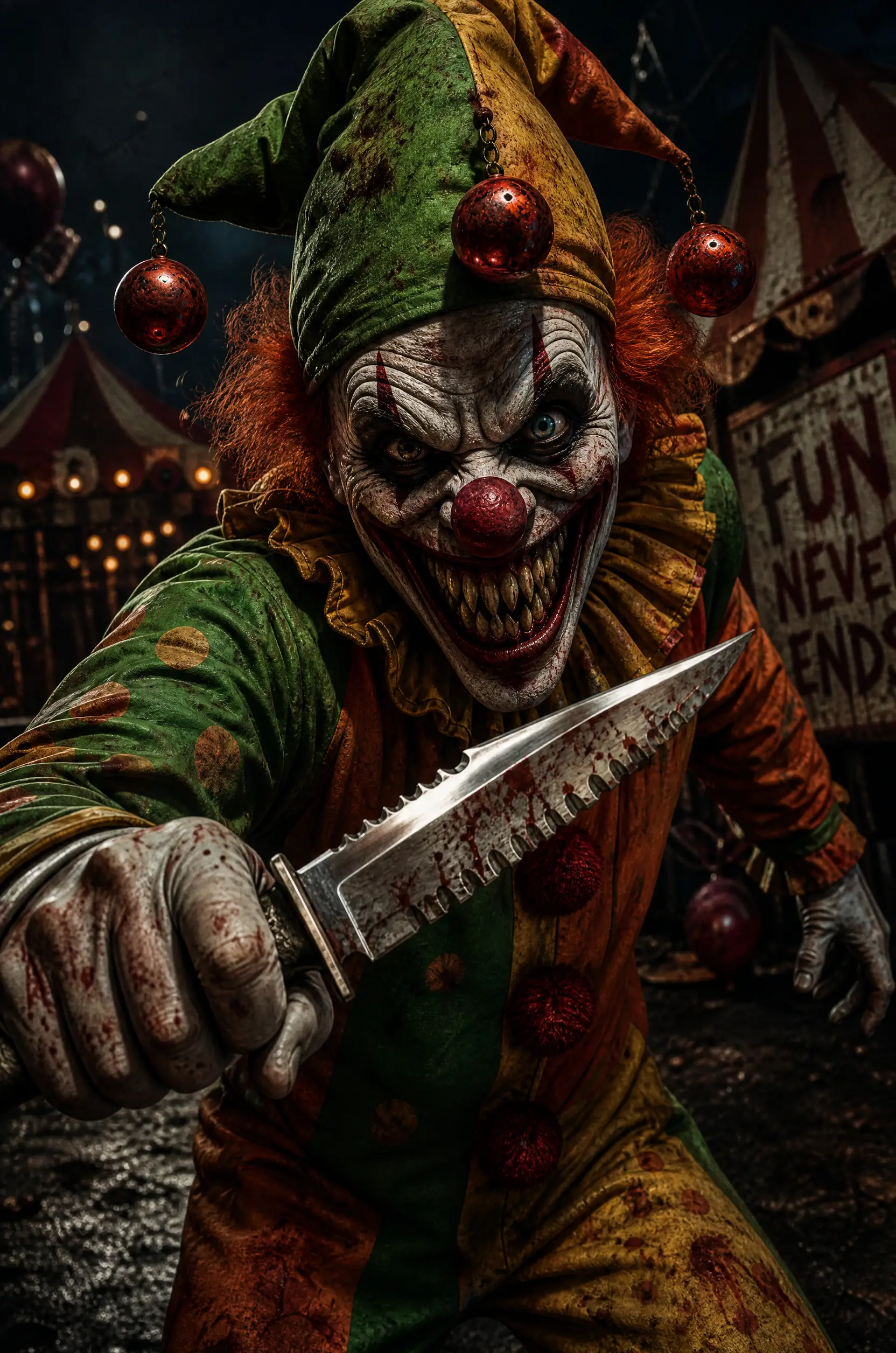 A grinning clown holds a serrated knife in a threatening pose