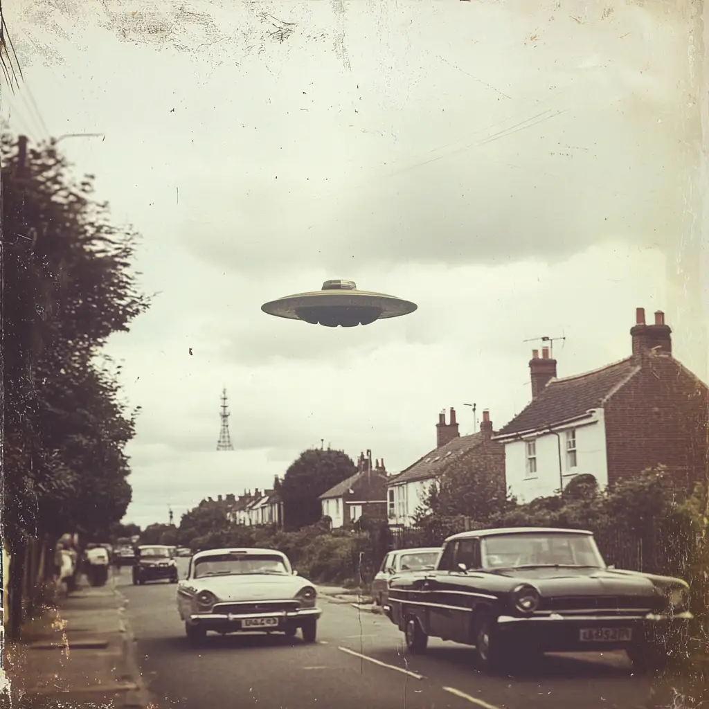 A vintage space opera cover framing a British postwar street scene