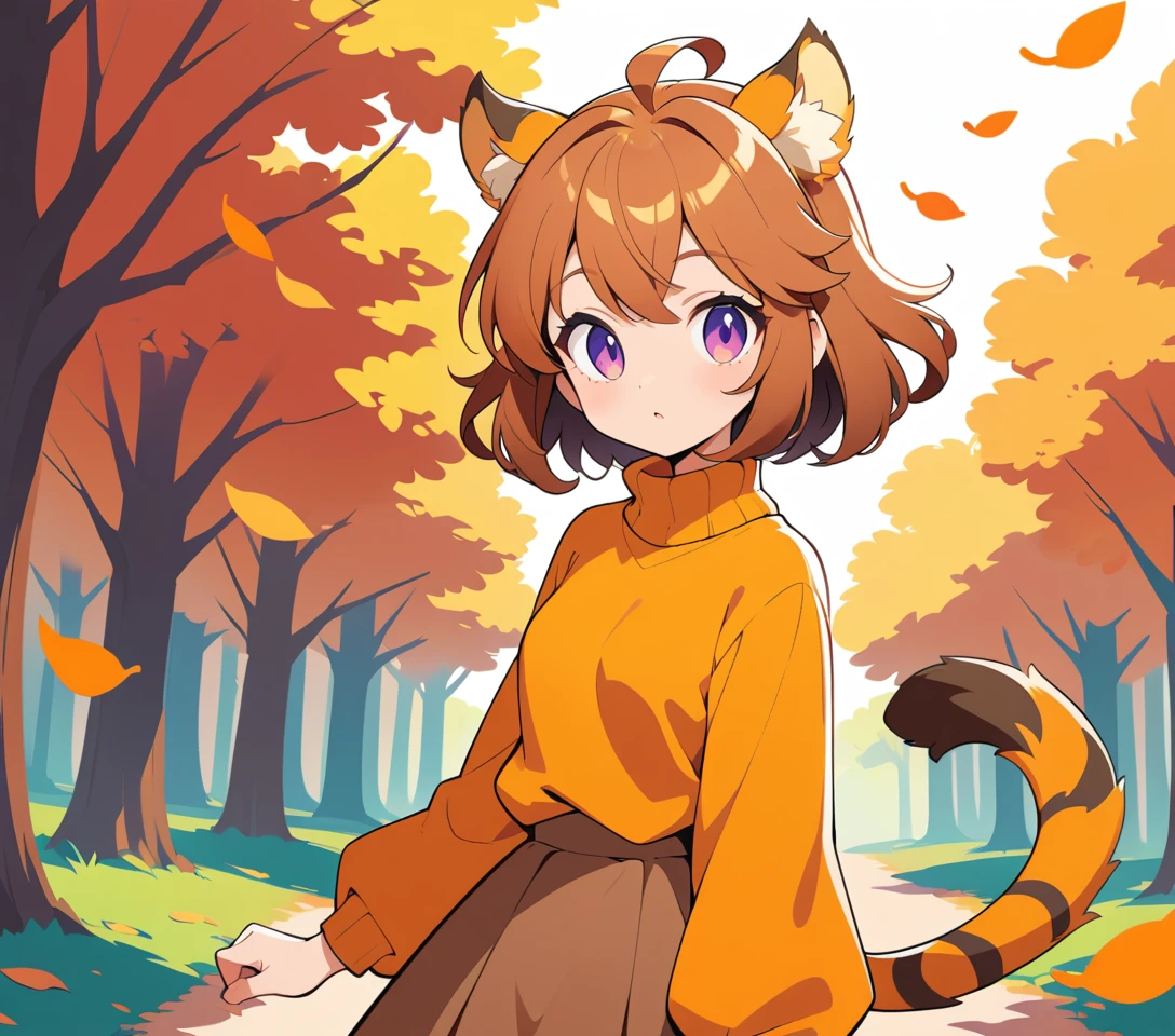 Uma mulher de anime com orelhas de tigre está num parque outonal entre folhas a cair