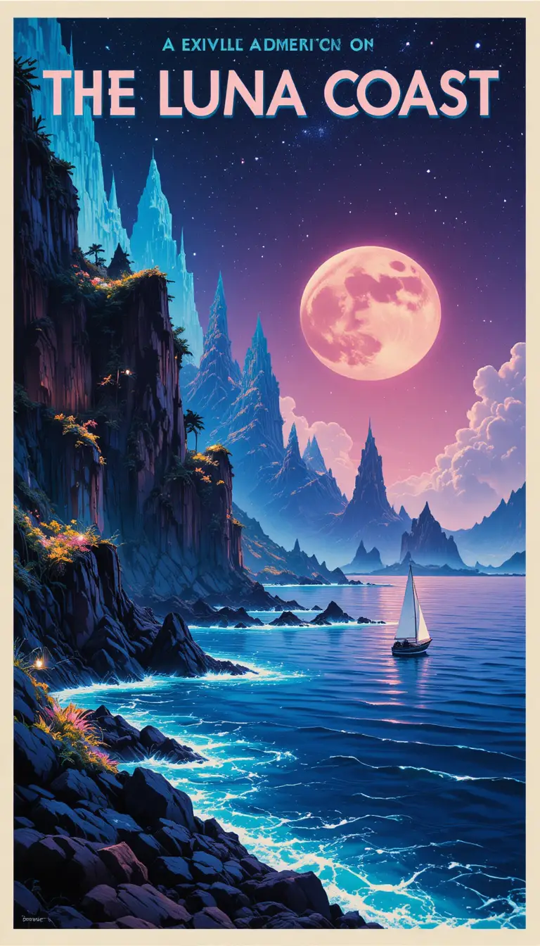 復古旅遊海報描繪閃耀的海岸線與遠方的帆船