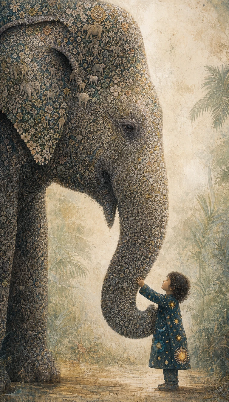 Um elefante gigante toca delicadamente uma criança pequena com a tromba