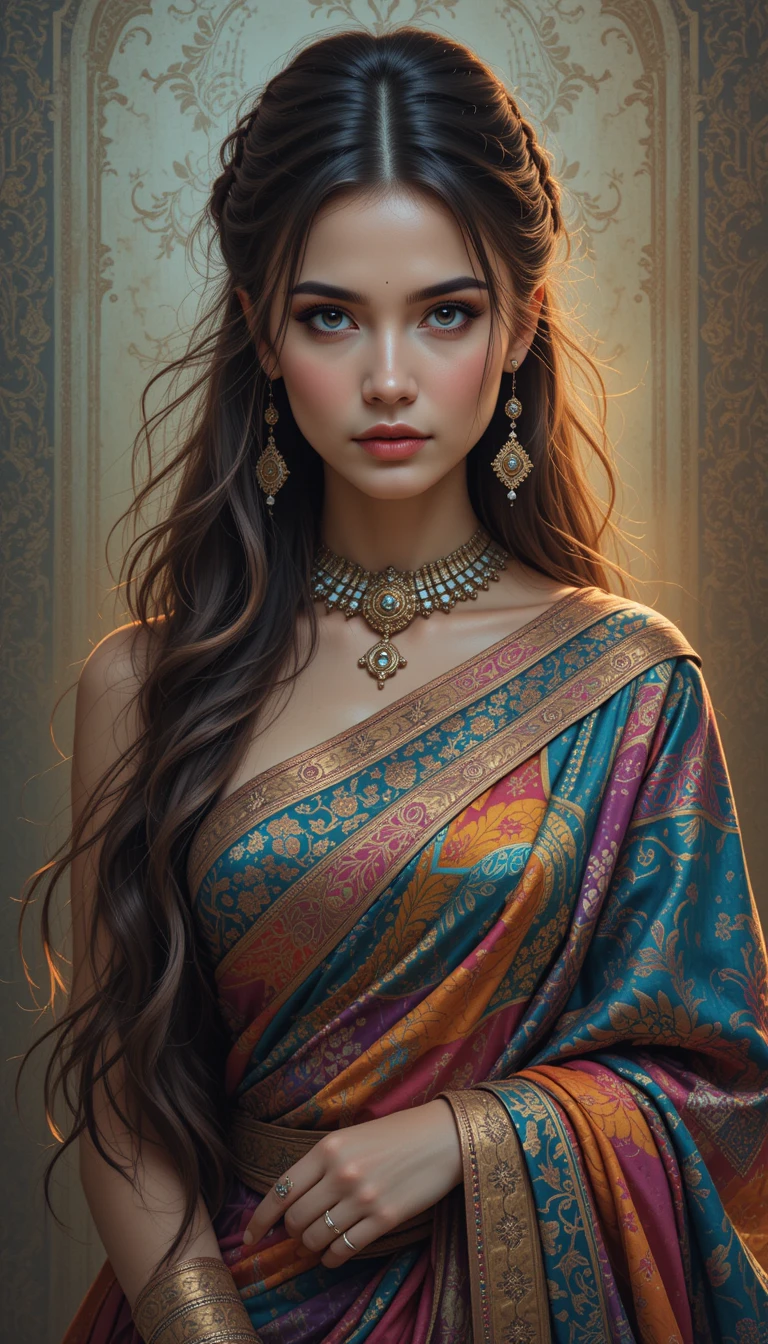 Una donna vichinga fantasy con un sari dai motivi vivaci