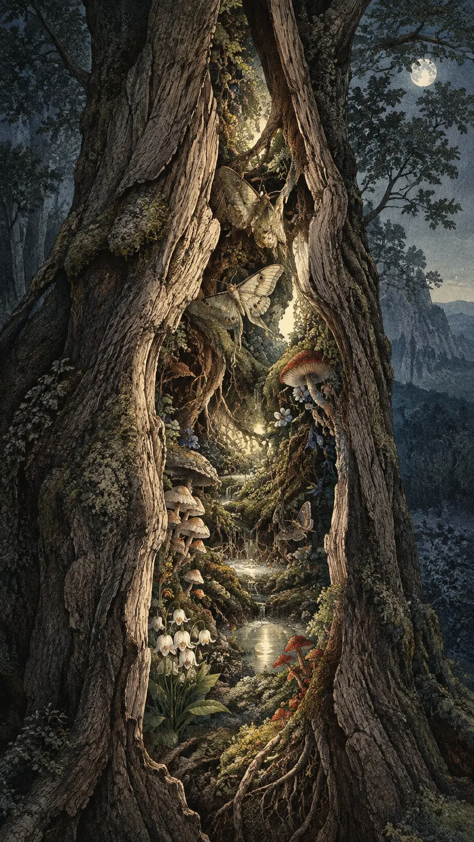 A hollow tree reveals a luminous world within its split trunk
