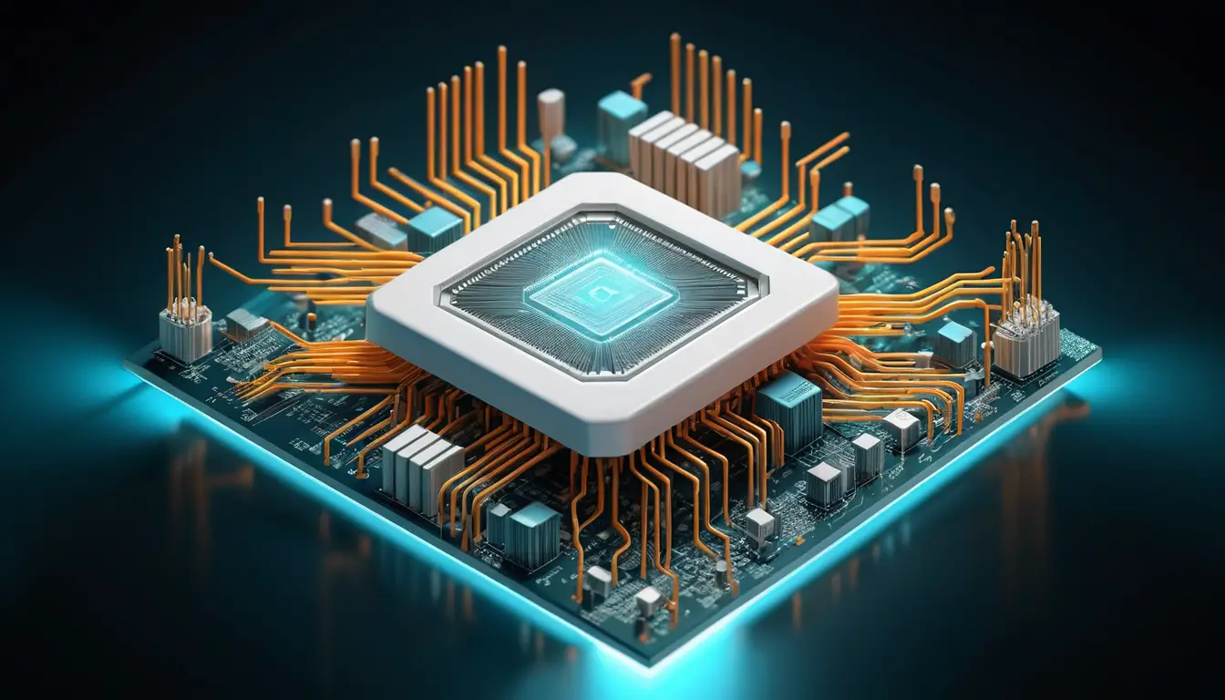 A white microchip sends glowing threads toward branching geometric data nodes