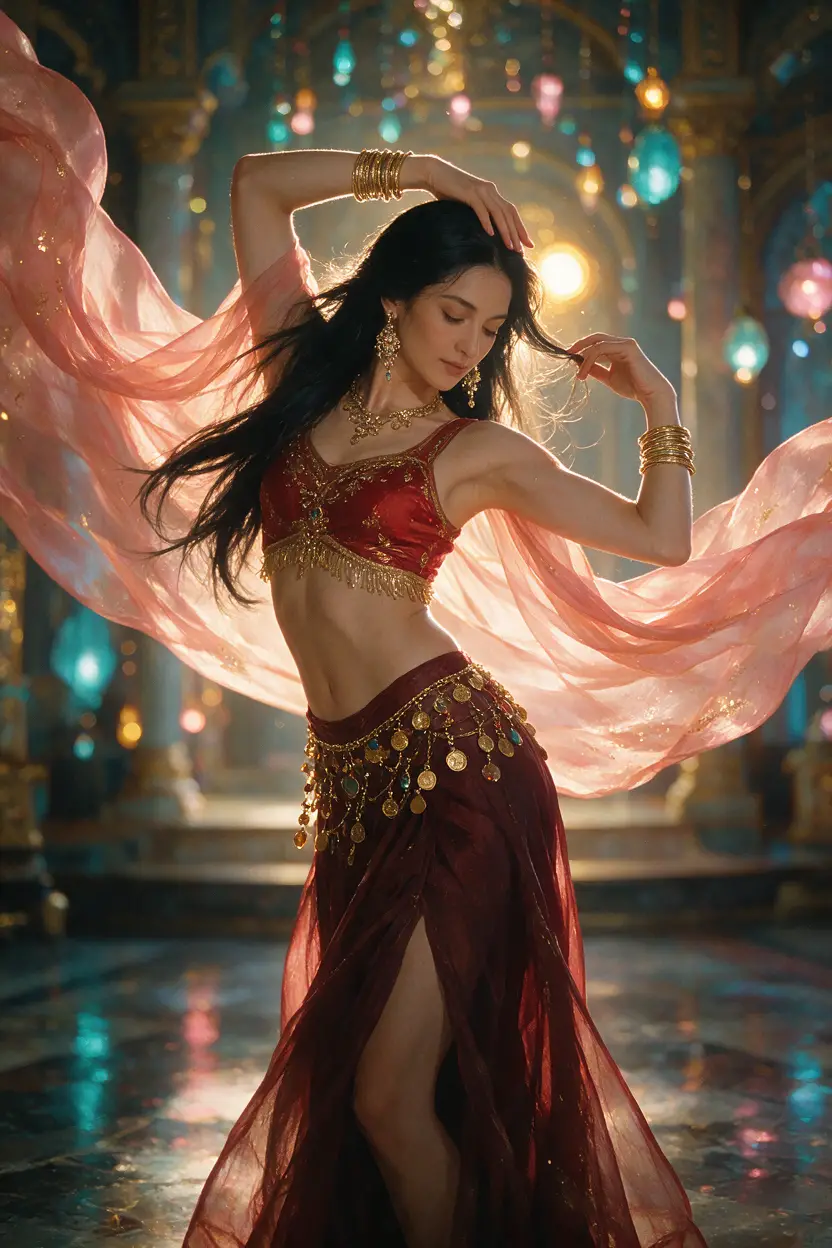 Une danseuse adulte adopte une pose gracieuse dans un palais baigné de lumière