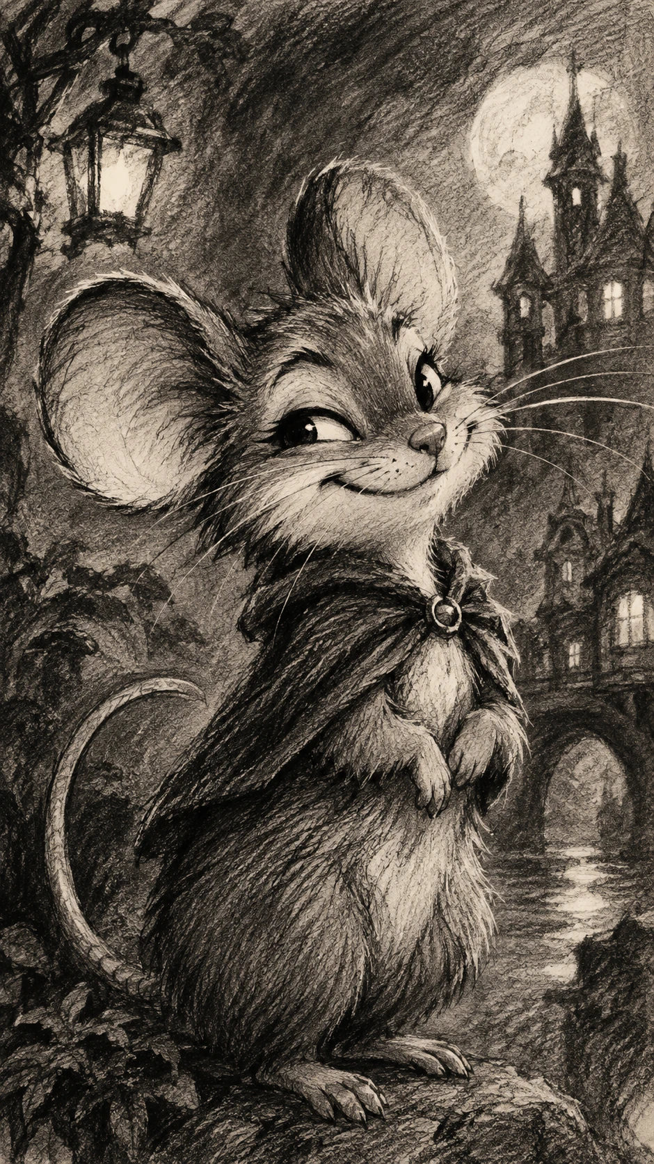 Um ratinho de carvão, cheio de graça, sorri entre linhas expressivas e sombras suaves