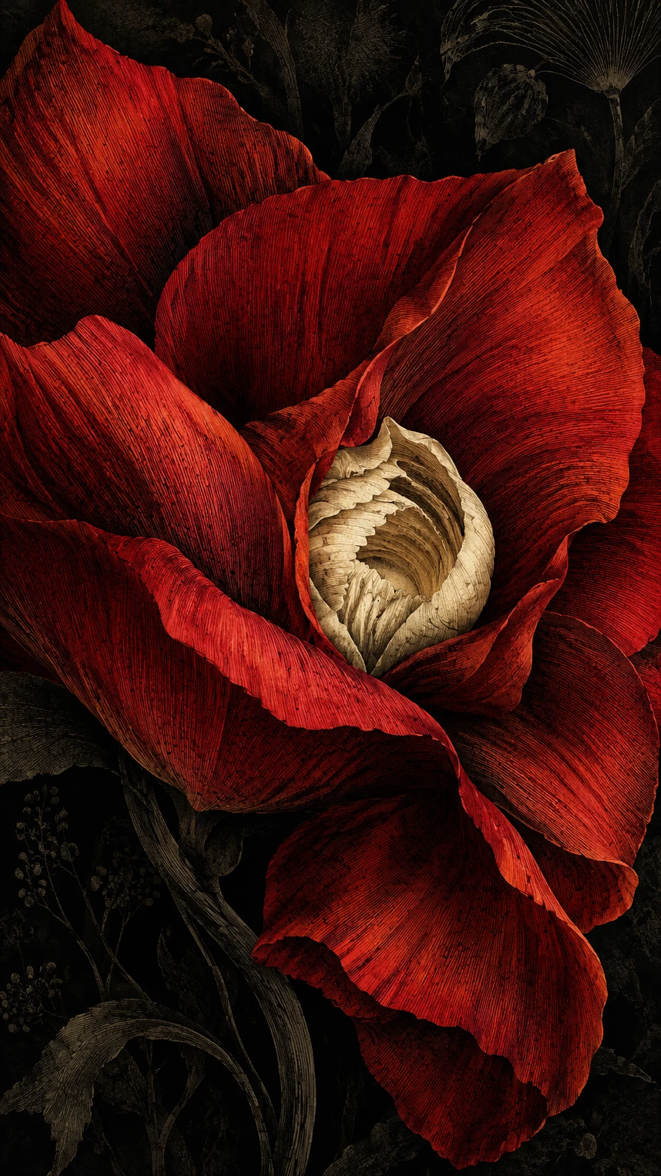 Un fiore scarlatto scultoreo incorniciato da intricate linee incise