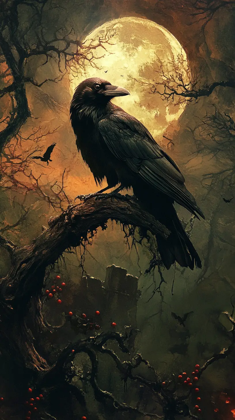 A Black Raven Perched Beneath a Full Moon in a Shadowy Forest