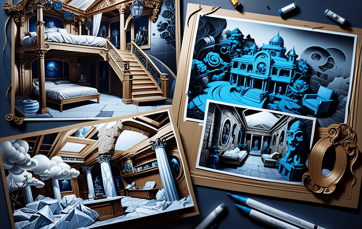 Diorama de um palácio grego nas nuvens, mobiliado e com vistas internas e externas