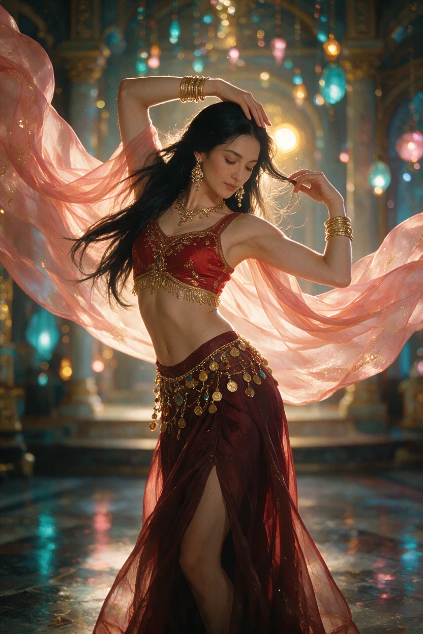 Uma dançarina adulta mantém uma pose graciosa no interior luminoso de um palácio