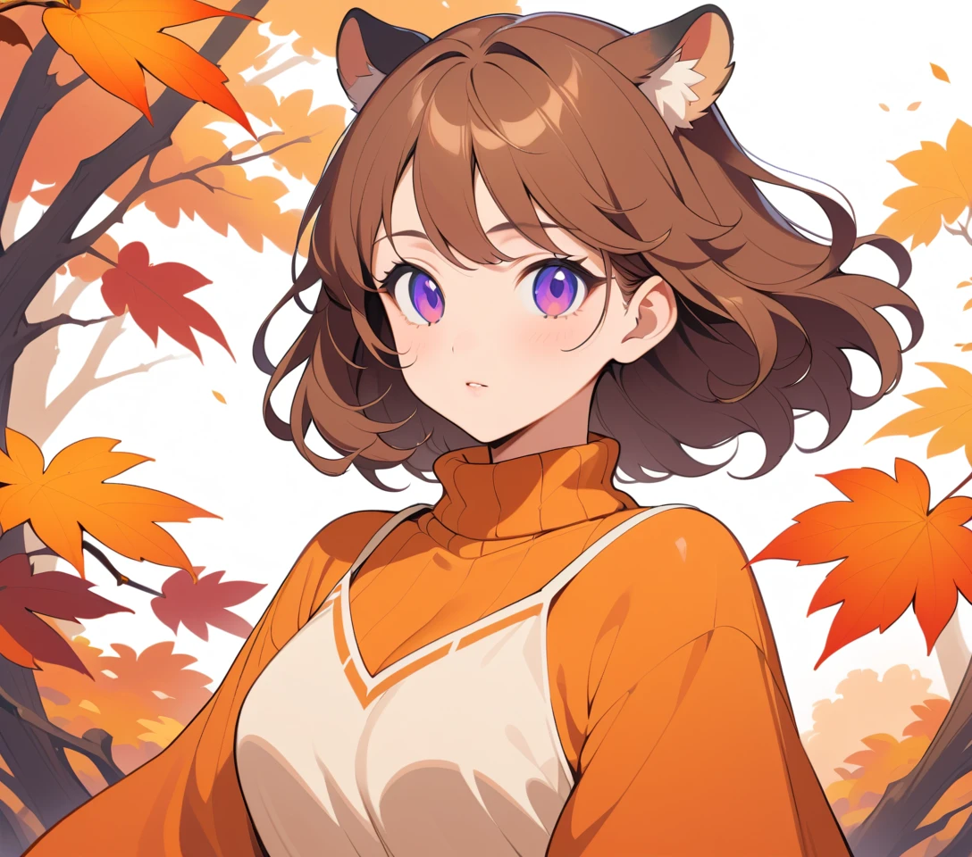 Mulher com orelhas de tigre em estilo anime entre folhas de outono, usando um suéter laranja
