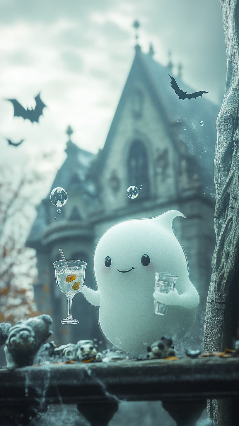 Um fantasma branco brincalhão saboreia um copo com um charme fantasioso de desenho animado