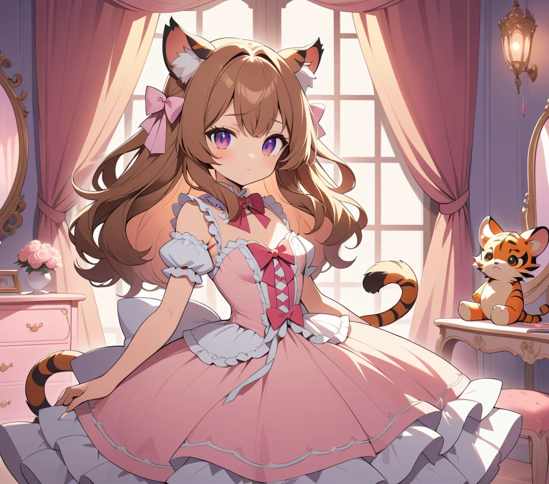 Mulher de anime com orelhas de tigre posa com um vestido lolita em tons pastel em um quarto rococó