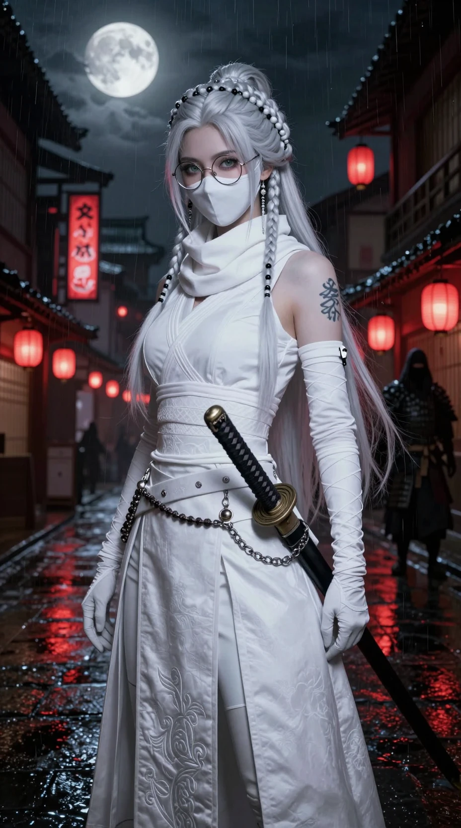 優雅的女忍者佇立在夜晚雨濛濛的日本城市