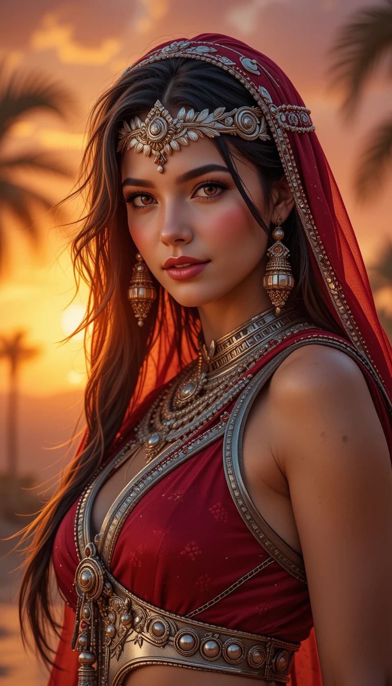 Uma princesa guerreira beduína em rubi e prata ao pôr do sol