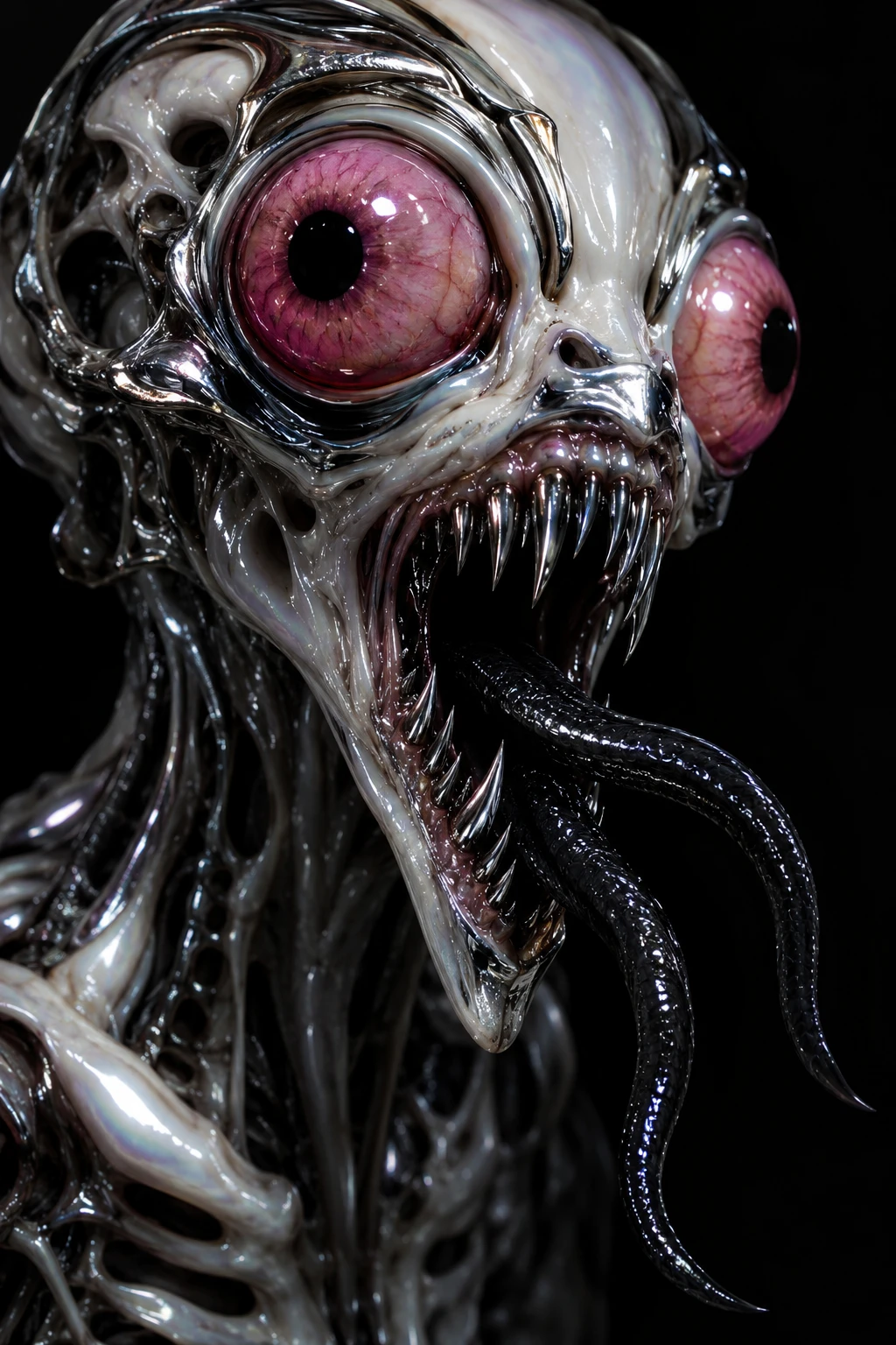 Un monstruo alienígena con enormes ojos rosas y piel cromada