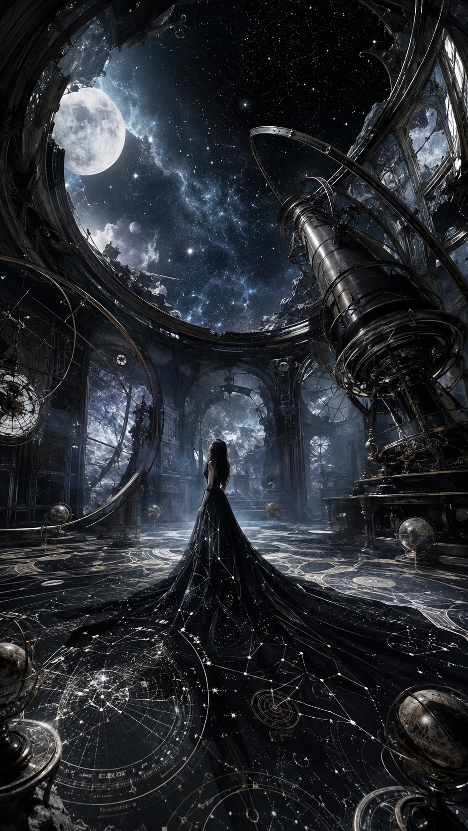 Uma mulher está sob o cosmos aberto em um observatório abandonado