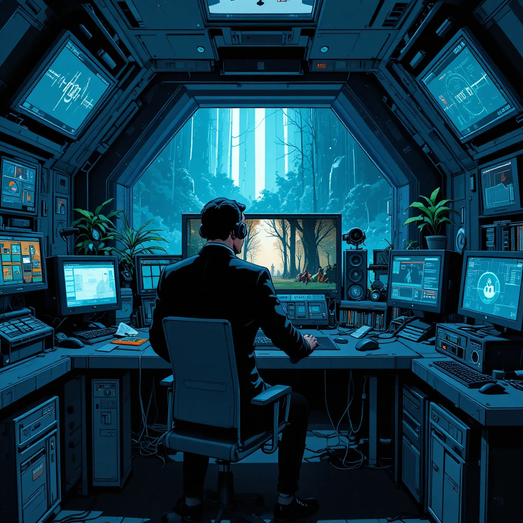 Um homem visto de costas diante de um computador gamer em uma sala de controle
