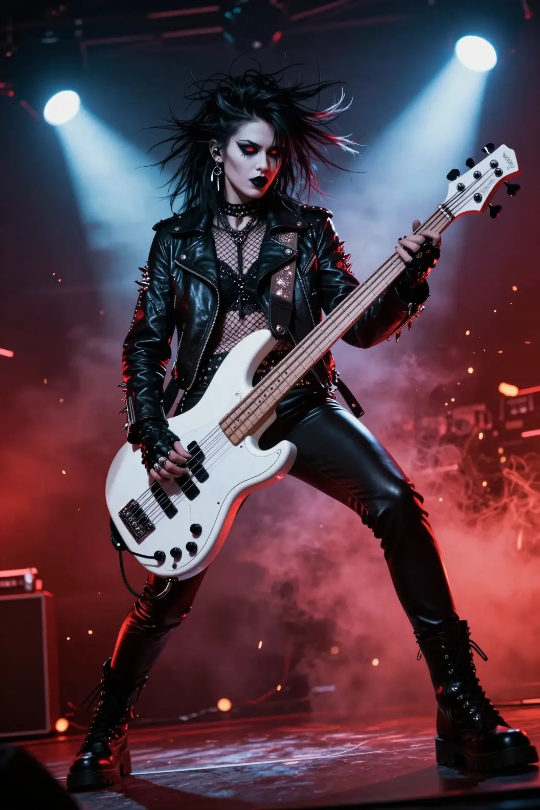 Punk rock bassist commands a smoky concert stage under blazing spotlights