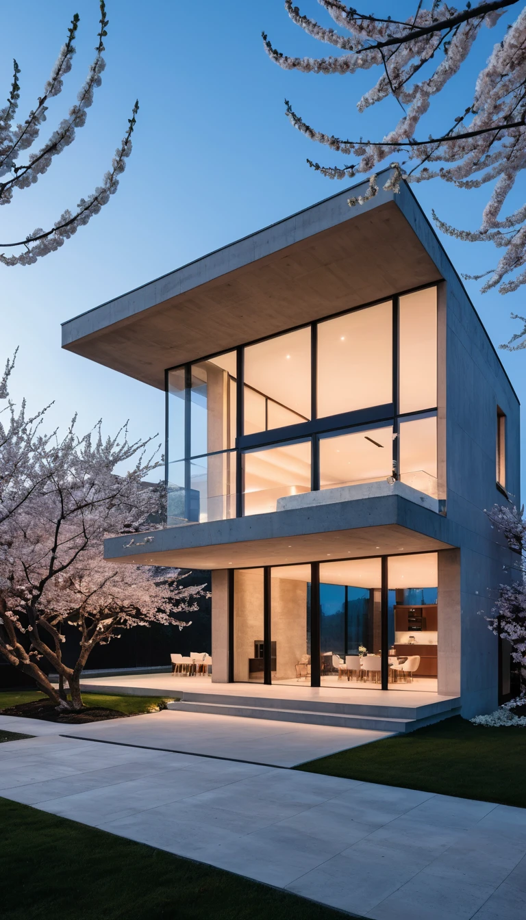 Une maison moderne en béton avec un étage en porte-à-faux au crépuscule