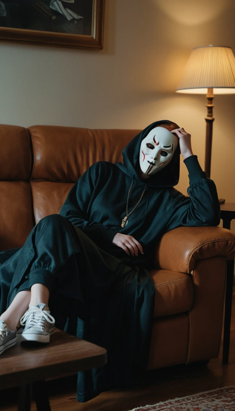 Uma jovem apoia a cabeça no joelho do Ghostface em um sofá
