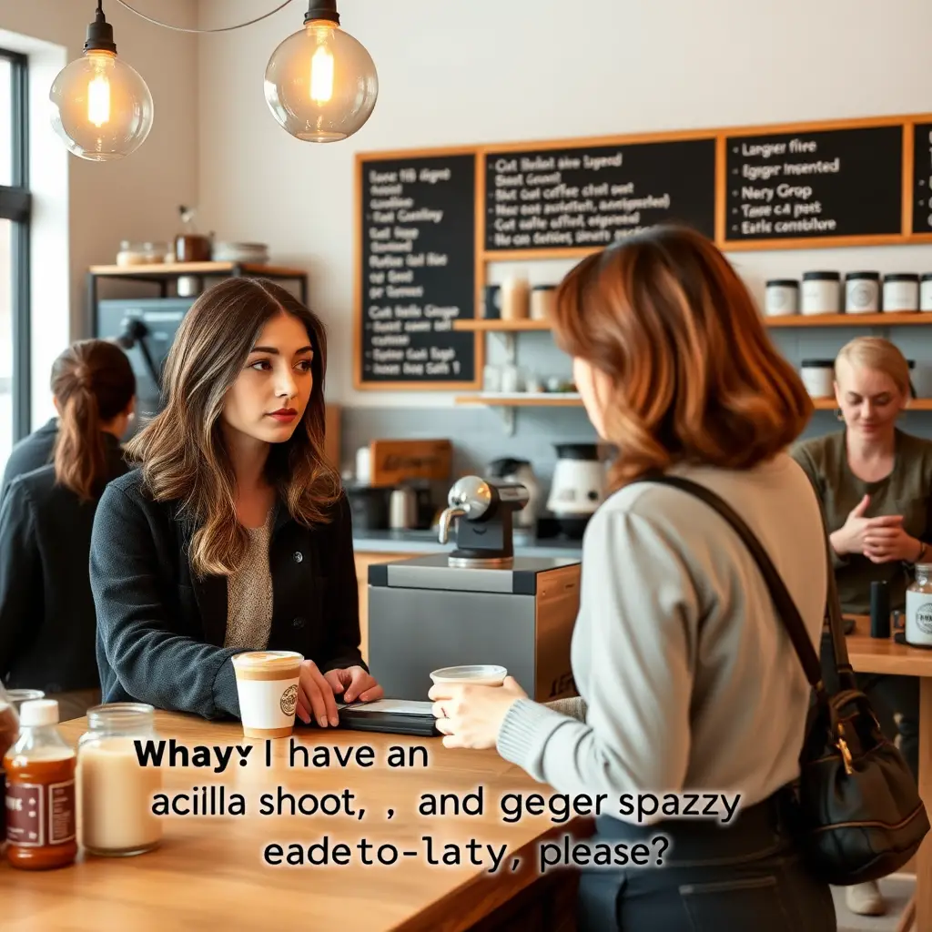 Eine Frau wird am Anfang einer kurzen Schlange in einem kleinen Café bedient