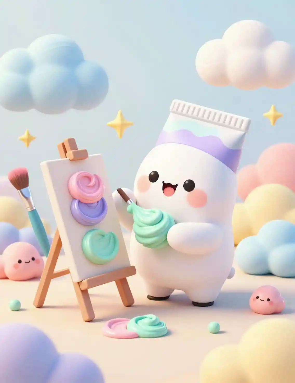 A kawaii paint tube squeezes pastel paint onto a tiny canvas