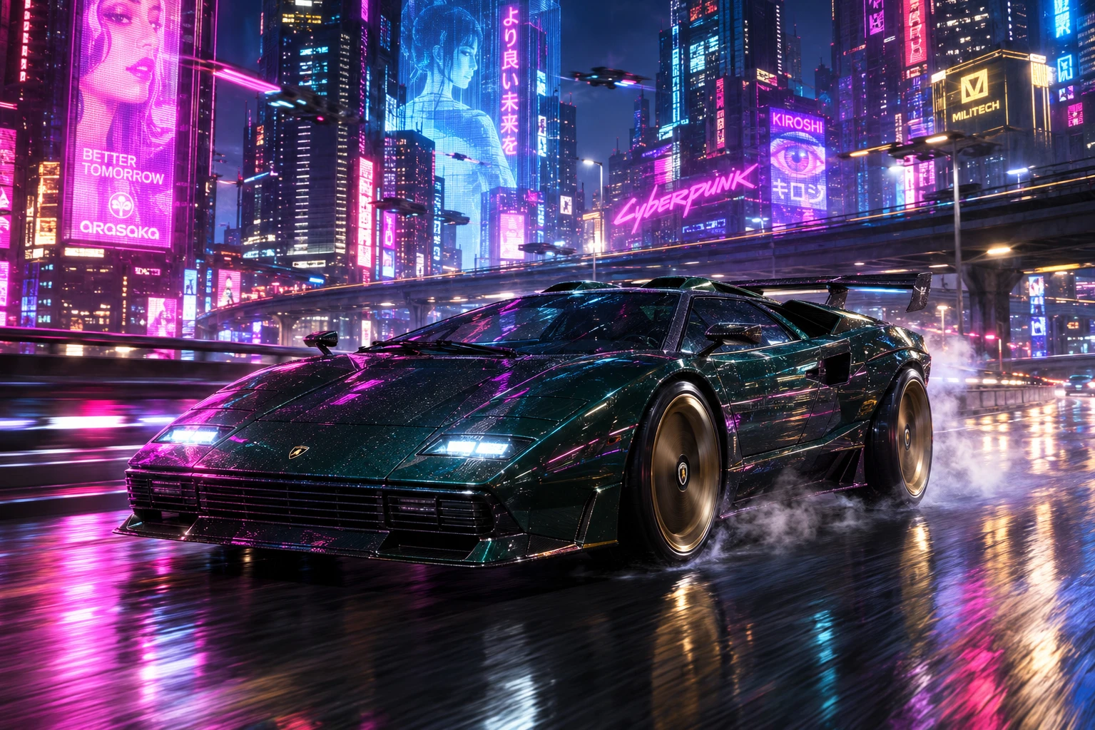 Una Countach verde sfreccia di notte in una città cyberpunk bagnata dalla pioggia