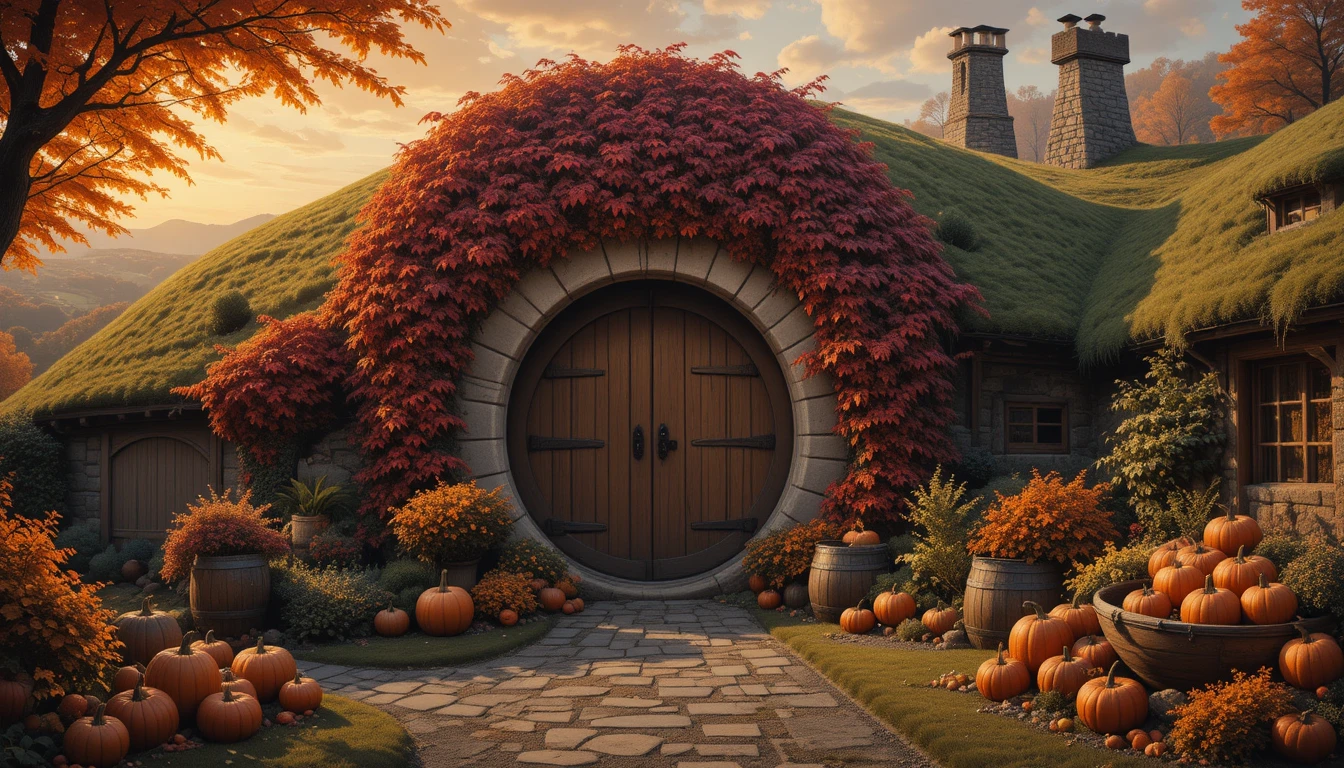 Ein Hobbit-Haus, umrahmt von karmesinrotem Efeu in einem Herbstgarten