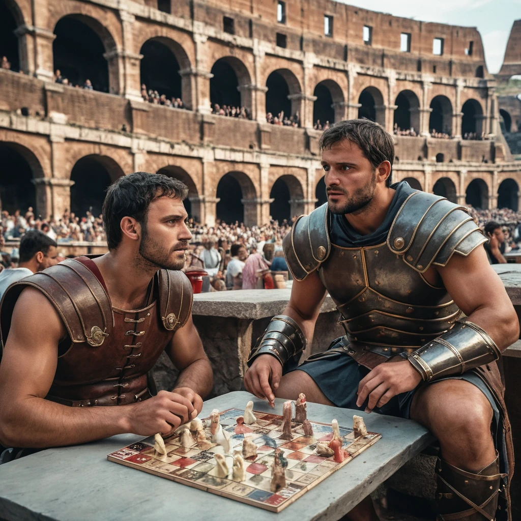 Un hombre y un gladiador romano se enfrentan en un juego de mesa