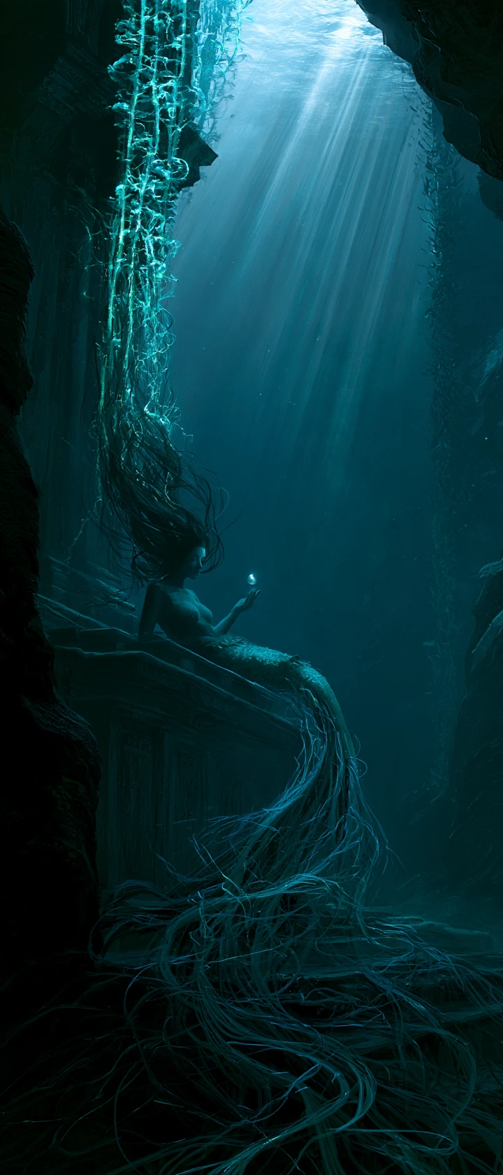 A mermaid rests upon a gothic altar in a forgotten ocean trench