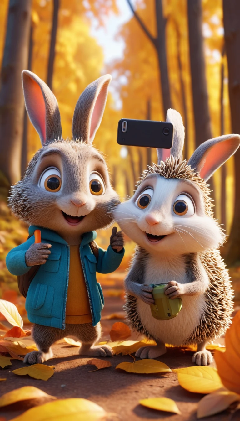 A Rabbit and Hedgehog Share a Cheerful Selfie in an Autumn Forest