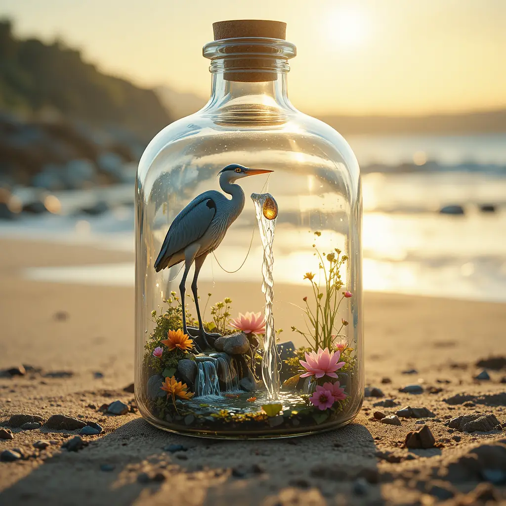 A tiny heron fishes inside an antique bottle on a sunlit shore