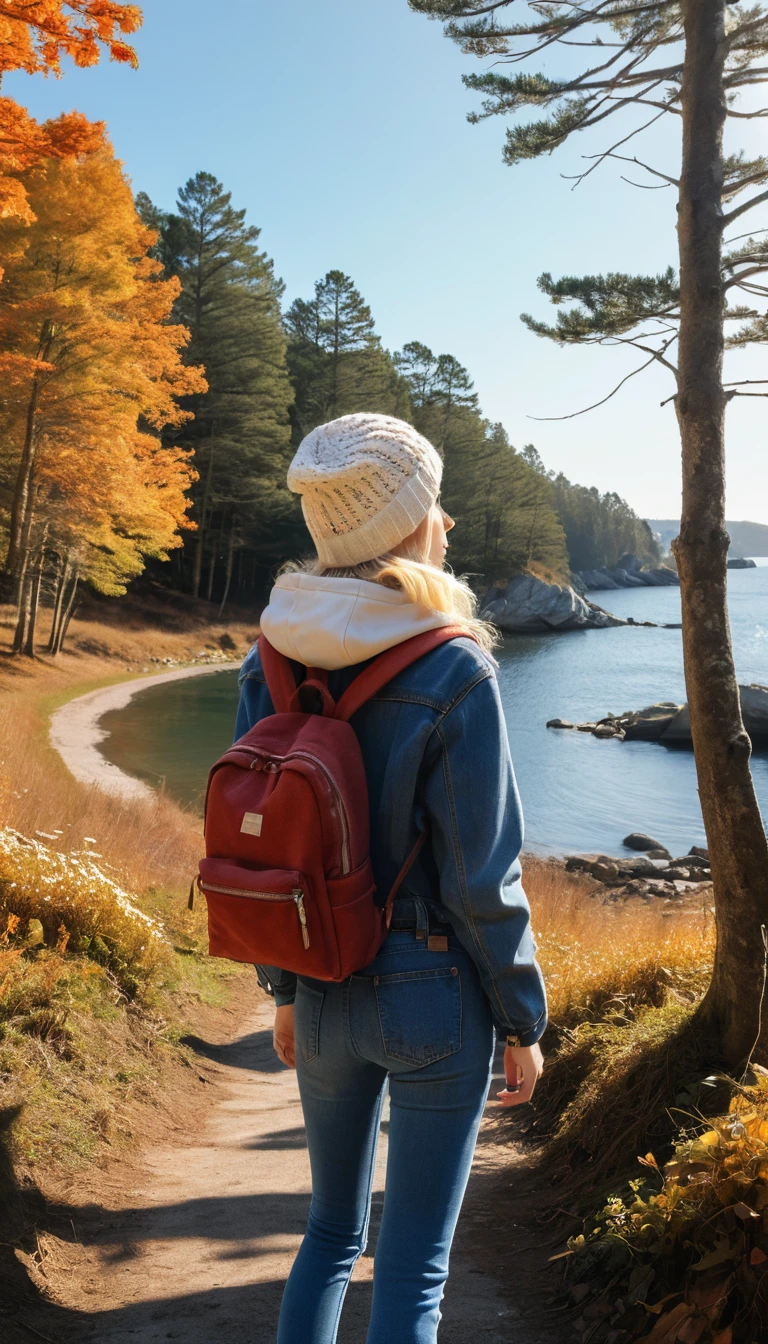 Garota de anime loira faz uma pausa em uma floresta de outono com uma mochila transparente