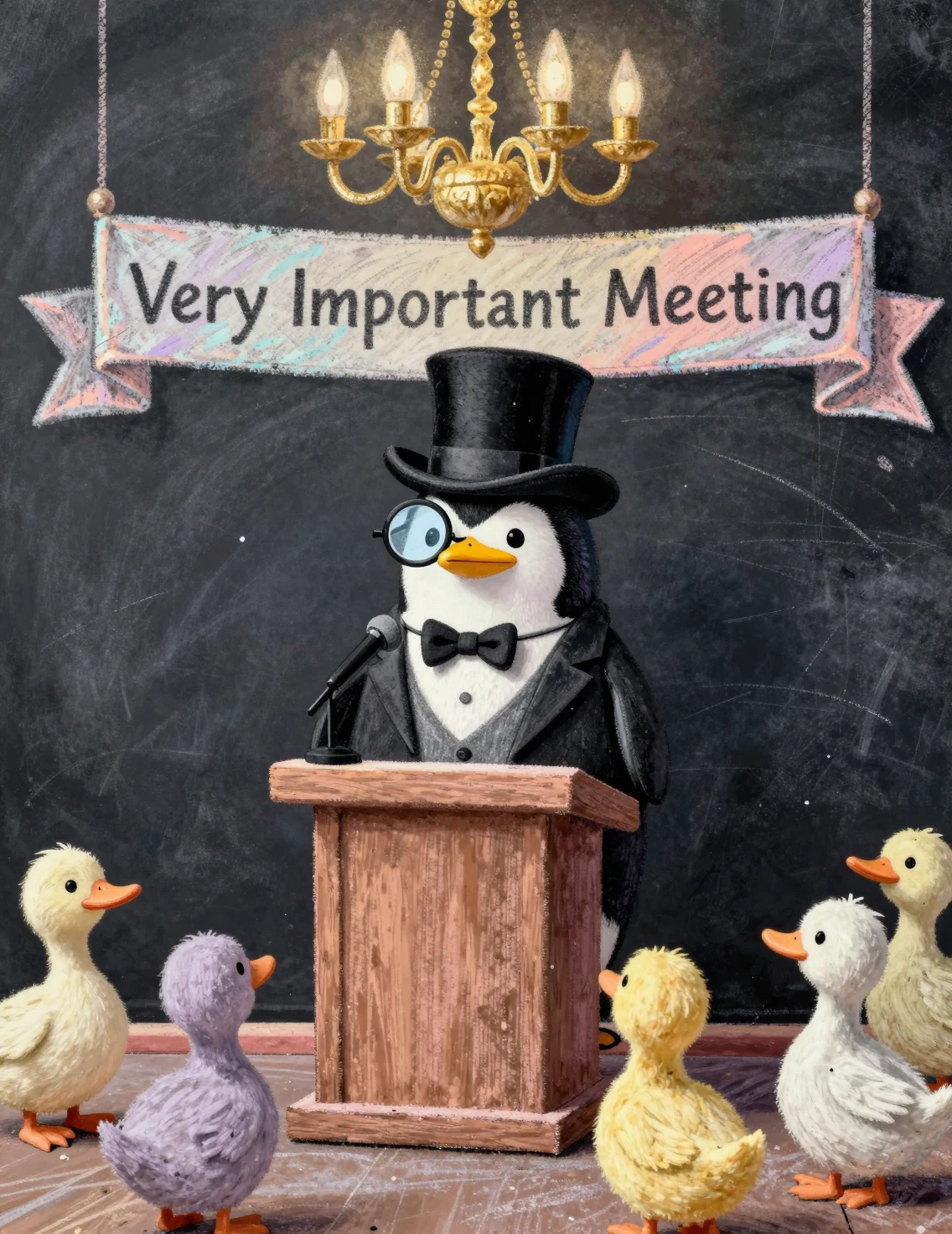 Un diminuto pingüino habla con un esmoquin y un sombrero de copa enormes