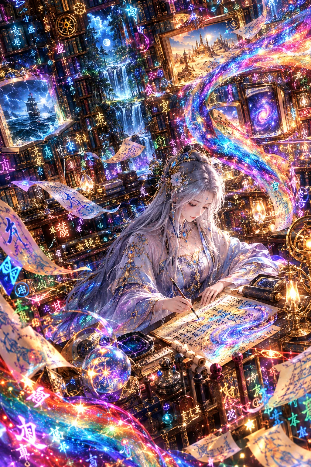 Uma deusa de anime de cabelos prateados escreve em uma biblioteca antiga