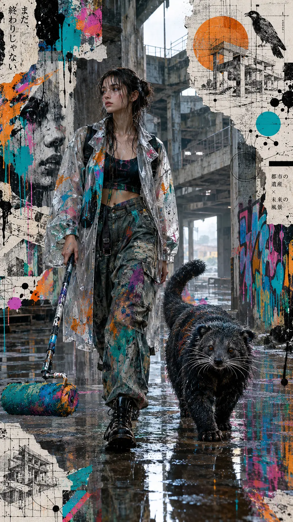 一名年輕女子在雨中穿越廢棄的混凝土建築