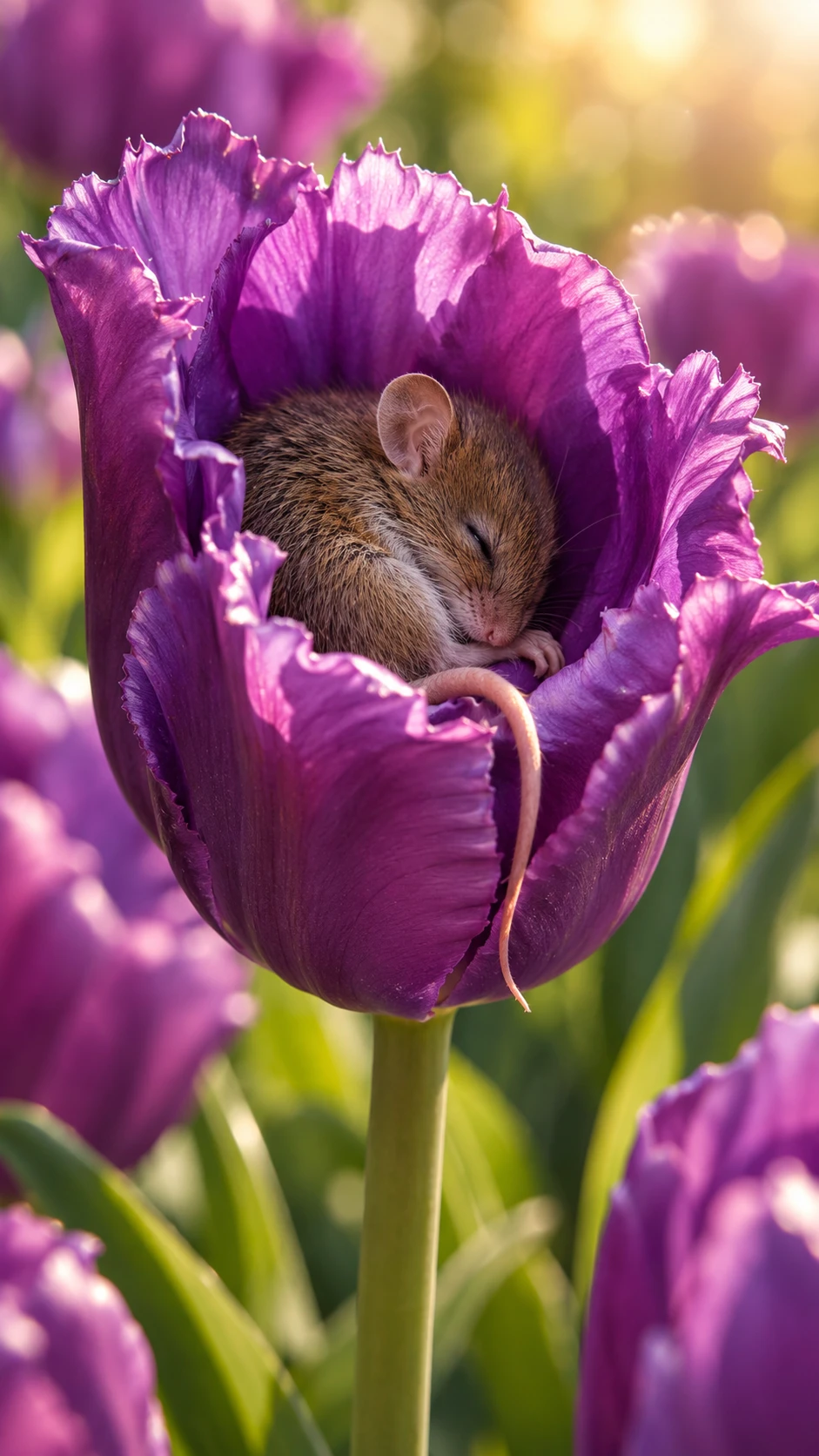 A field mouse sleeps curled inside a vibrant purple tulip