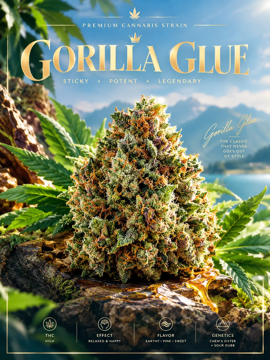 Ein Poster zur Cannabissorte Gorilla Glue in leuchtenden Pastellfarben
