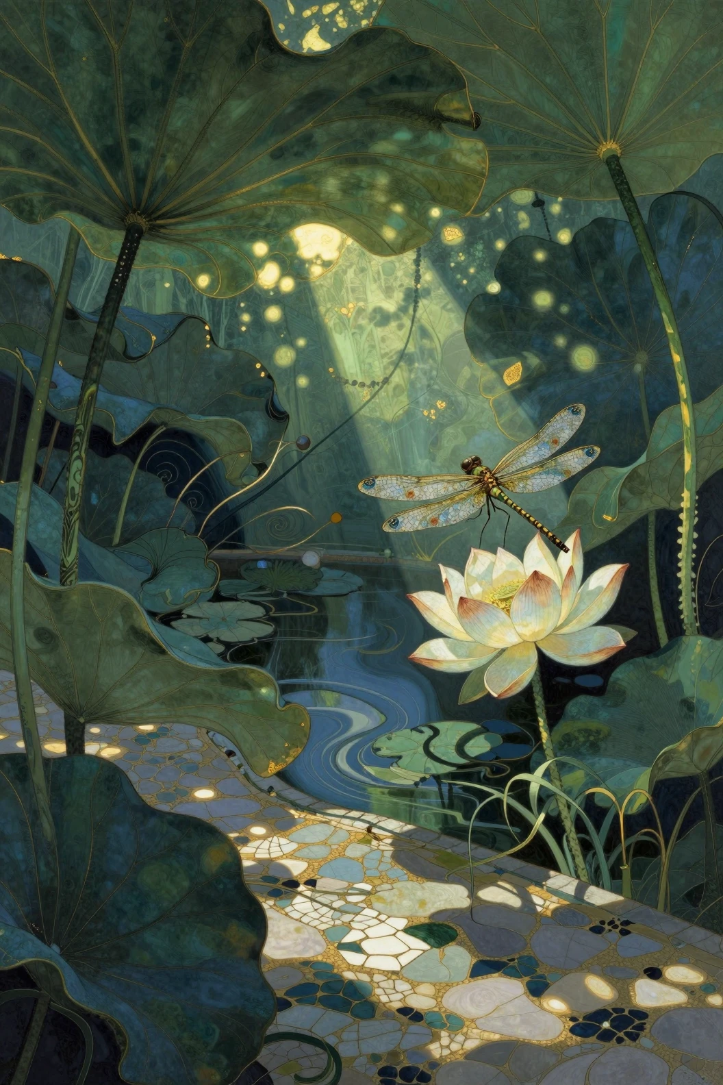 Jardin Art nouveau avec une libellule posée sur une fleur de lotus
