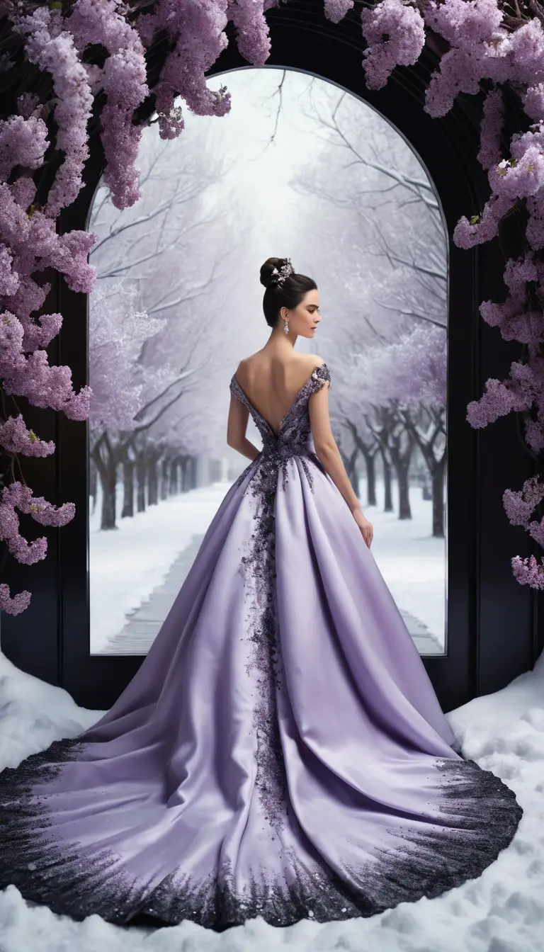 Portrait en pied d'une femme aristocratique parmi des lilas enneigés