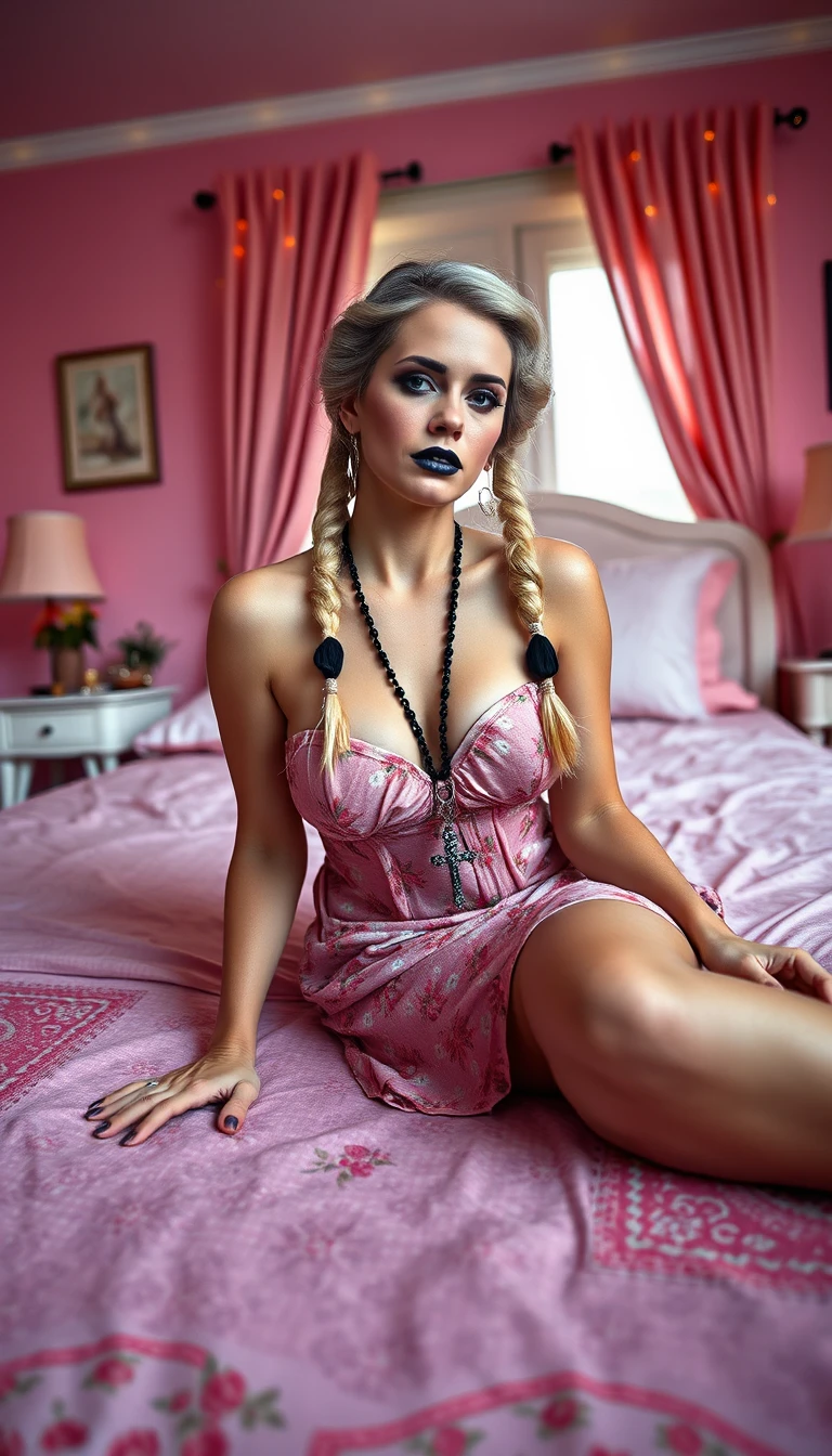 A Woman Lies Prone in a Floral Dress in a Pink Bedroom
