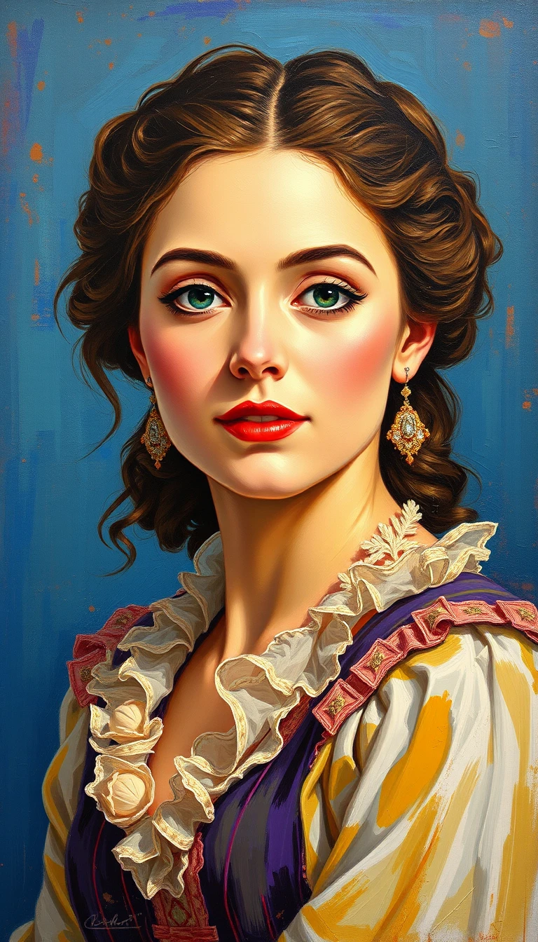 Uma mulher alegre da década de 1880 em um retrato abstrato com pintura em impasto sobre fundo azul-escuro